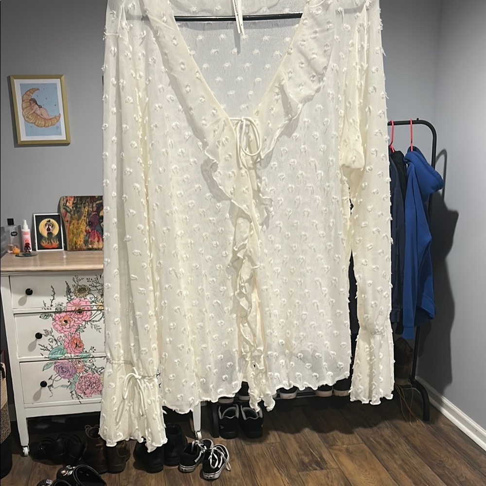 Anthropology Cream Bell Sleeve Ruffle Blouse with Bib Collar